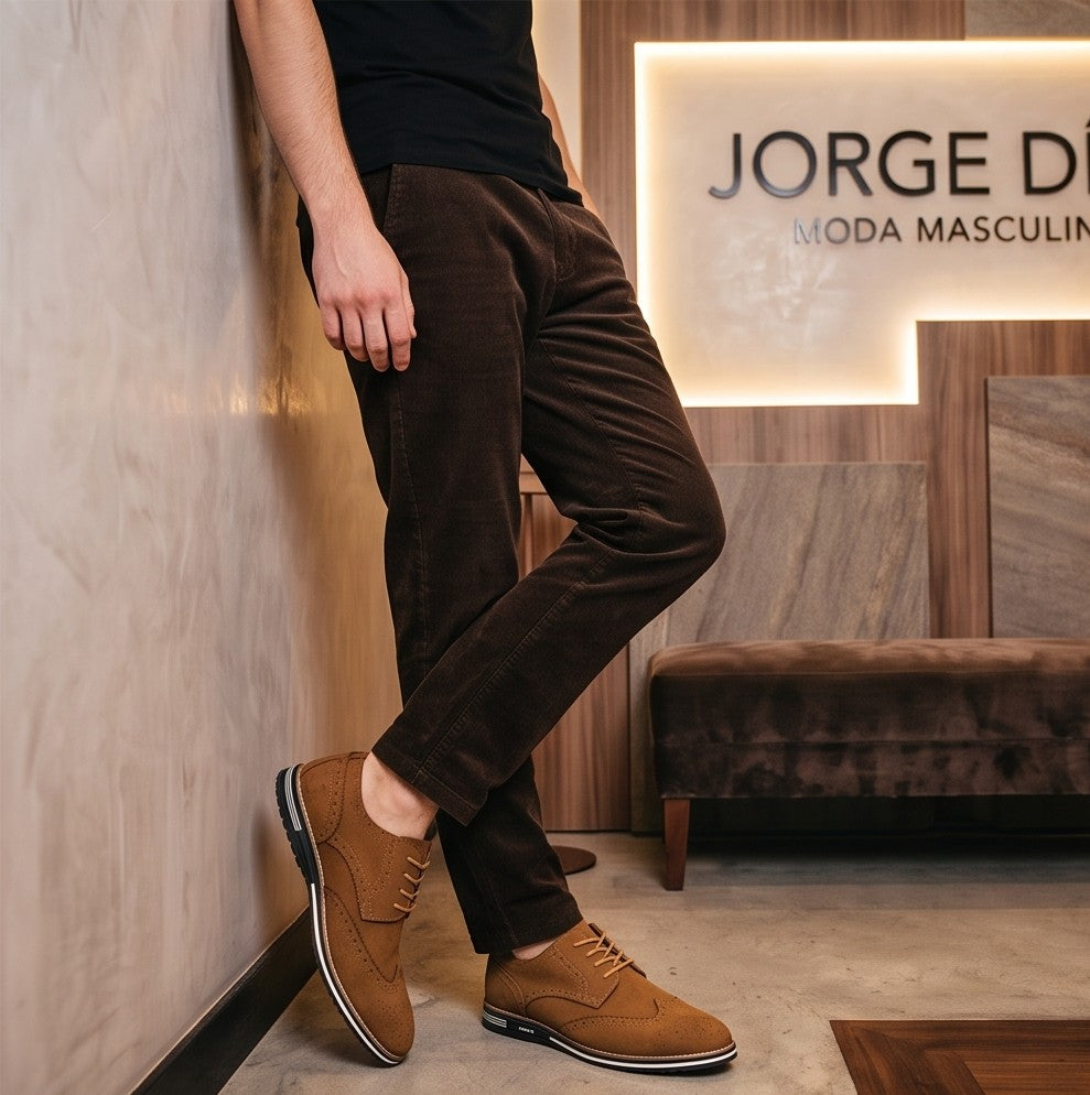 Zapatos casuales de estilo brogue para hombre, disponibles en cuatro colores: marrón, azul marino, negro y marrón oscuro. Cuentan con un diseño de cordones, detalles decorativos de perforaciones y una suela de goma blanca en contraste.