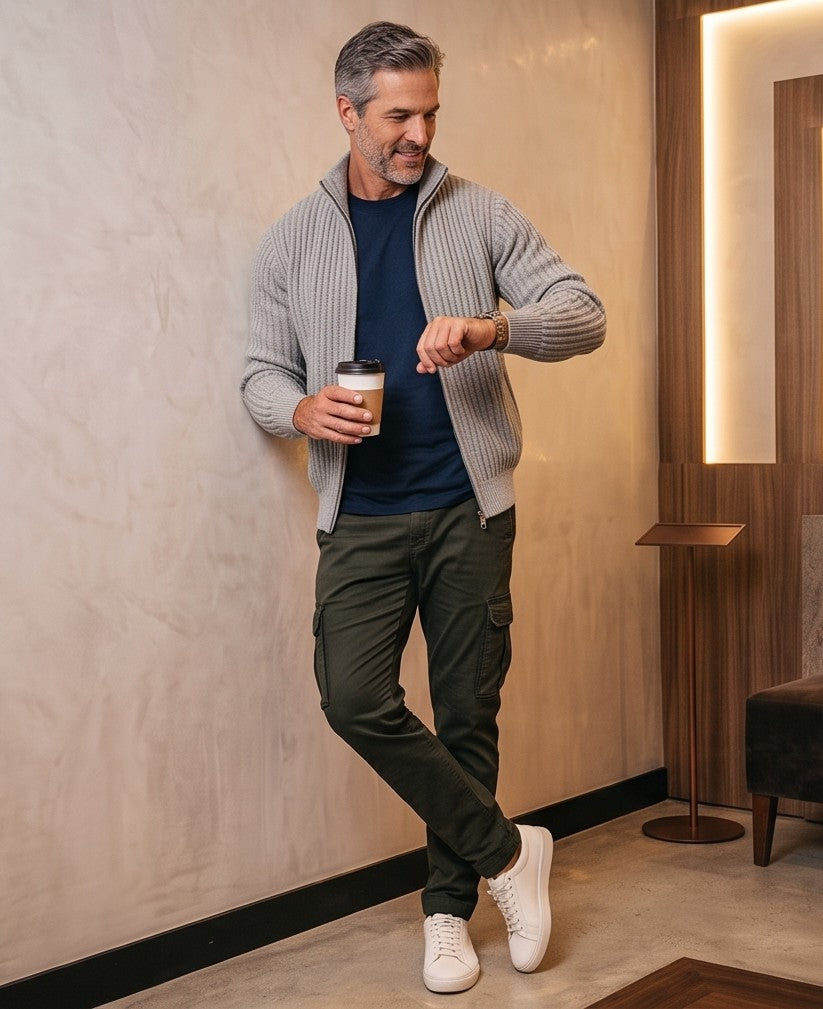 Cárdigan de punto grueso acanalado para hombre con cierre de cremallera metálica completa, cuello alto alzado y bolsillos laterales discretos, corte entallado y acabados elásticos en puños y bajo; disponible en tonos neutros: negro antracita, beige arena y gris perla