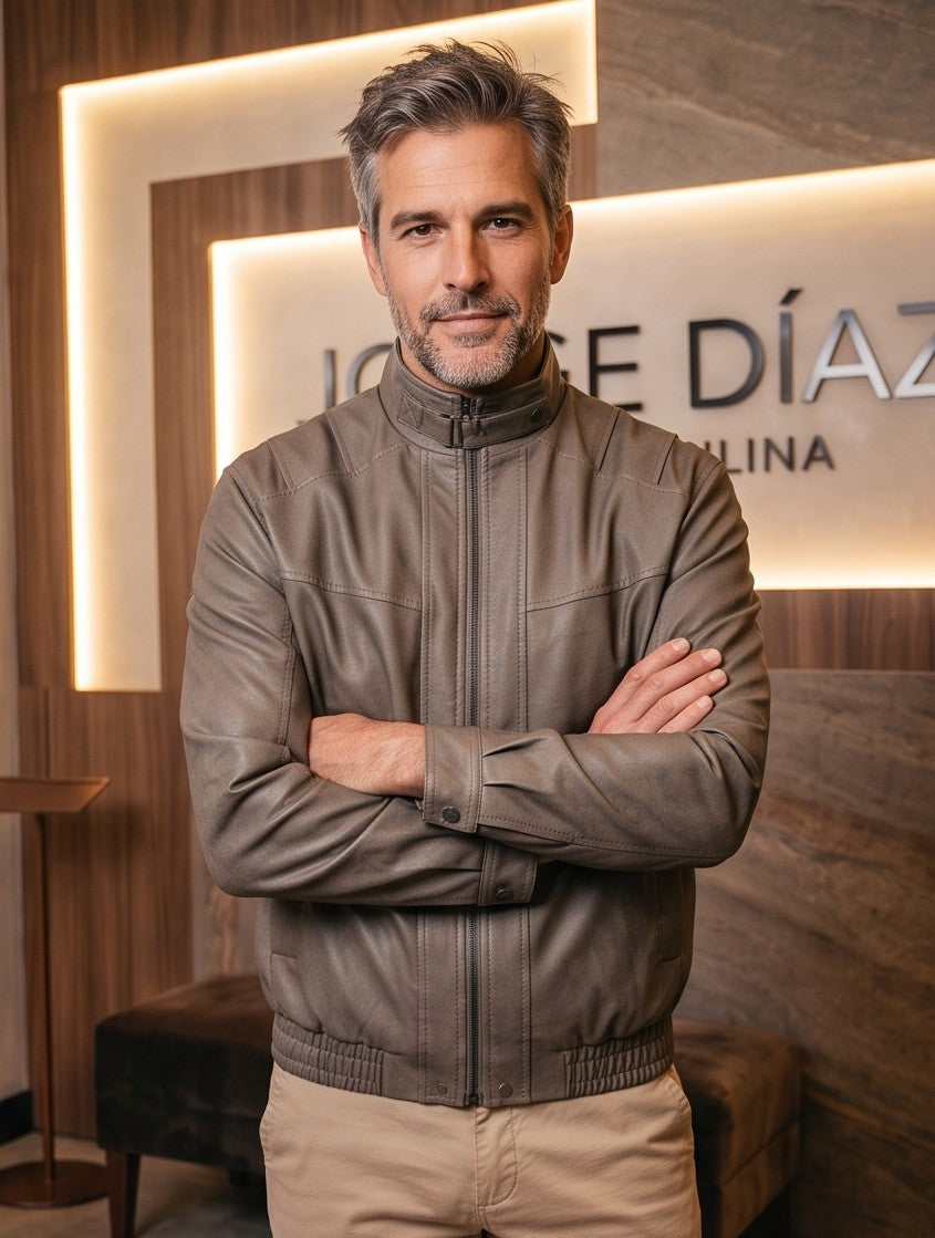 Chaqueta bomber para hombre en color negro y verde grisáceo con cuello alto, cierre de cremallera frontal, cintura elástica y corte holgado.
