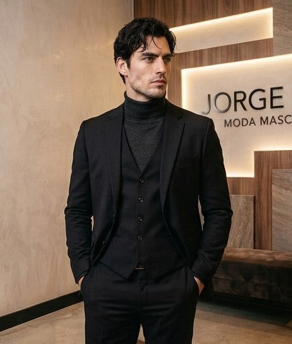traje de tres piezas de sastre, que incluye un blazer, un chaleco y pantalones, disponible en una variedad de colores: azul marino, marrón tabaco, rojo burdeos, negro clásico y gris marengo