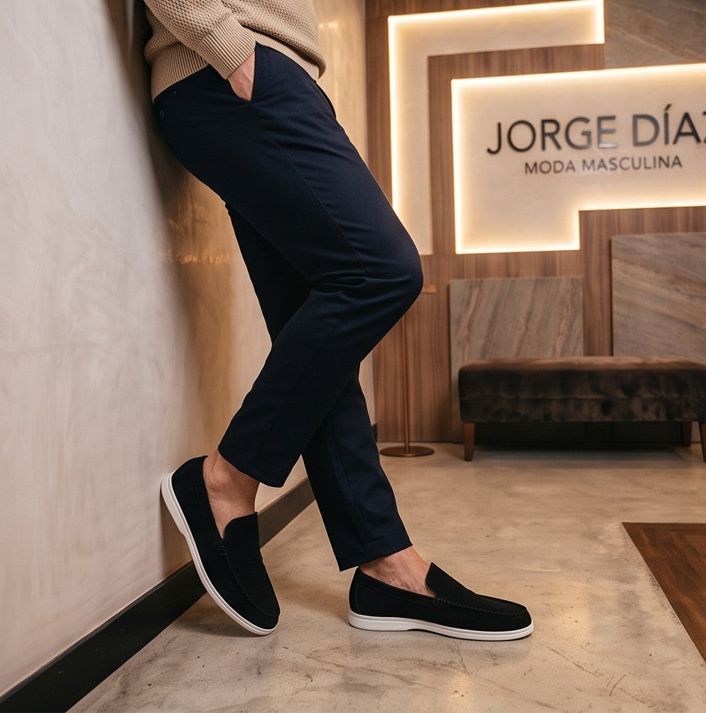 Mocasines casuales para hombre confeccionados en suave tejido de ante con puntera pespunteada y suela plana blanca ultraligera, disponibles en cuatro tonos versátiles: negro, gris marengo, azul claro pastel y beige arena