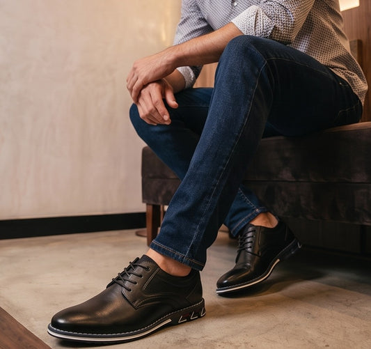 Zapatos derby híbridos de vestir para hombre en cuero sintético negro y marrón, con detalles microperforados en los laterales, costuras reforzadas al tono, cordones encerados y suela deportiva ergonómica antideslizante con ribete blanco