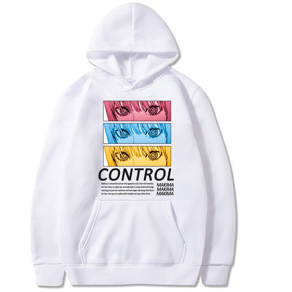 Sudadera unisex tipo hoodie de corte holgado estilo Harajuku con capucha, bolsillo canguro y estampado gráfico frontal de Makima de Chainsaw Man con la palabra Control, disponible en color negro, blanco, gris, caqui, amarillo, rojo y rosa