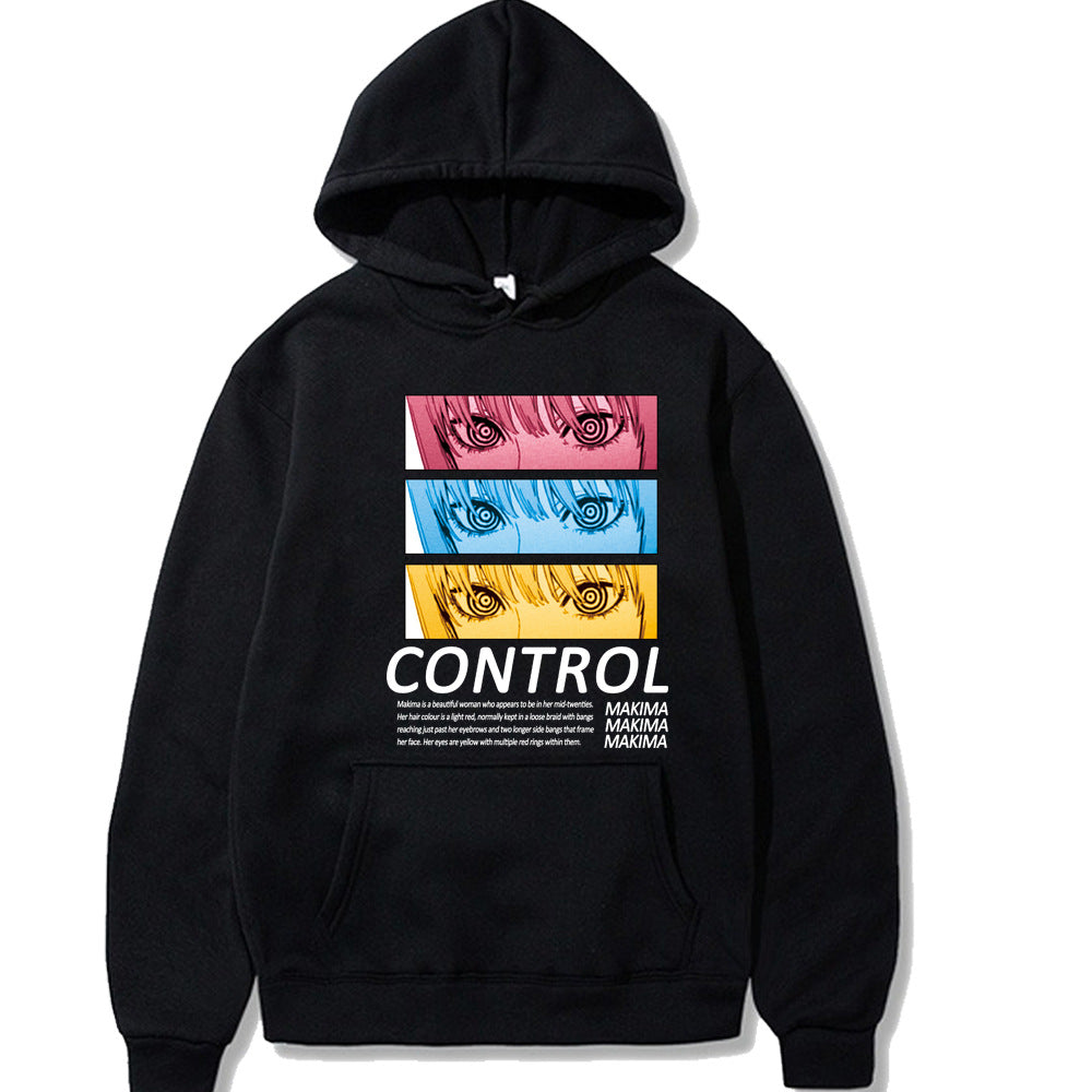 Sudadera unisex tipo hoodie de corte holgado estilo Harajuku con capucha, bolsillo canguro y estampado gráfico frontal de Makima de Chainsaw Man con la palabra Control, disponible en color negro, blanco, gris, caqui, amarillo, rojo y rosa
