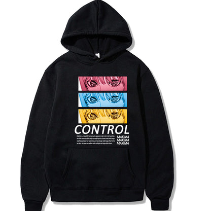 Sudadera unisex tipo hoodie de corte holgado estilo Harajuku con capucha, bolsillo canguro y estampado gráfico frontal de Makima de Chainsaw Man con la palabra Control, disponible en color negro, blanco, gris, caqui, amarillo, rojo y rosa