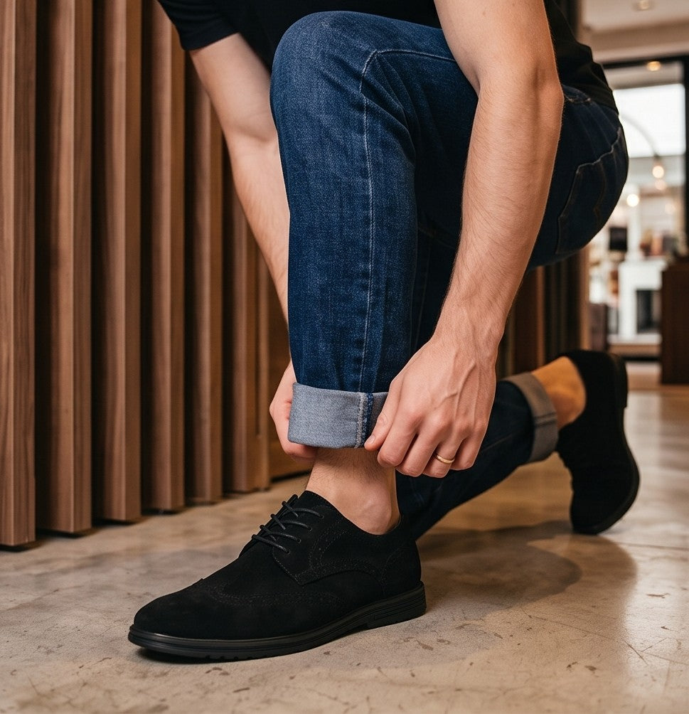 Zapatos casuales de estilo brogue para hombre, disponibles en cuatro colores: marrón, azul marino, negro y marrón oscuro. Cuentan con un diseño de cordones, detalles decorativos de perforaciones y una suela de goma blanca en contraste.