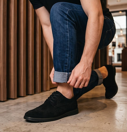 Zapatos casuales de estilo brogue para hombre, disponibles en cuatro colores: marrón, azul marino, negro y marrón oscuro. Cuentan con un diseño de cordones, detalles decorativos de perforaciones y una suela de goma blanca en contraste.