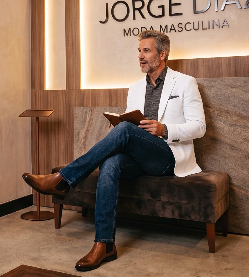 blazer blanco roto para hombre, confeccionado en un tejido con textura táctil tipo lino. La prenda presenta solapas de muesca, un cierre de dos botones, bolsillos de parche y costuras decorativas visibles que resaltan un diseño artesanal y sofisticado, ideal para un estilo casual-elegante