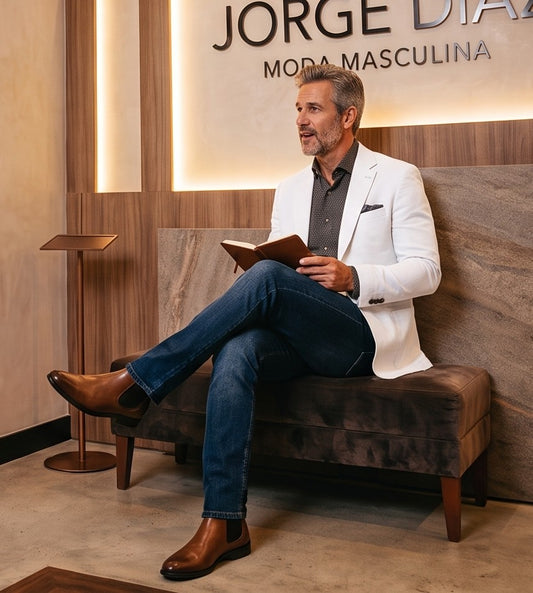 blazer blanco roto para hombre, confeccionado en un tejido con textura táctil tipo lino. La prenda presenta solapas de muesca, un cierre de dos botones, bolsillos de parche y costuras decorativas visibles que resaltan un diseño artesanal y sofisticado, ideal para un estilo casual-elegante
