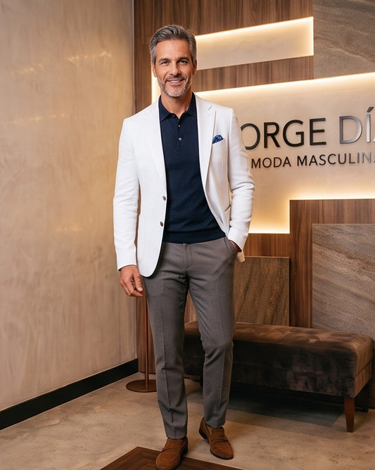 blazer blanco roto para hombre, confeccionado en un tejido con textura táctil tipo lino. La prenda presenta solapas de muesca, un cierre de dos botones, bolsillos de parche y costuras decorativas visibles que resaltan un diseño artesanal y sofisticado, ideal para un estilo casual-elegante