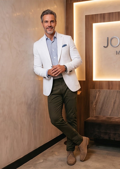 blazer blanco roto para hombre, confeccionado en un tejido con textura táctil tipo lino. La prenda presenta solapas de muesca, un cierre de dos botones, bolsillos de parche y costuras decorativas visibles que resaltan un diseño artesanal y sofisticado, ideal para un estilo casual-elegante