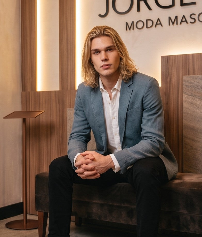 blazer de lino desestructurado para hombre. La prenda, de corte casual y ligero, muestra la textura granulada natural del lino. Tiene solapas de muesca, un cierre de dos botones frontales y dos grandes bolsillos de parche aplicados en la cintura.