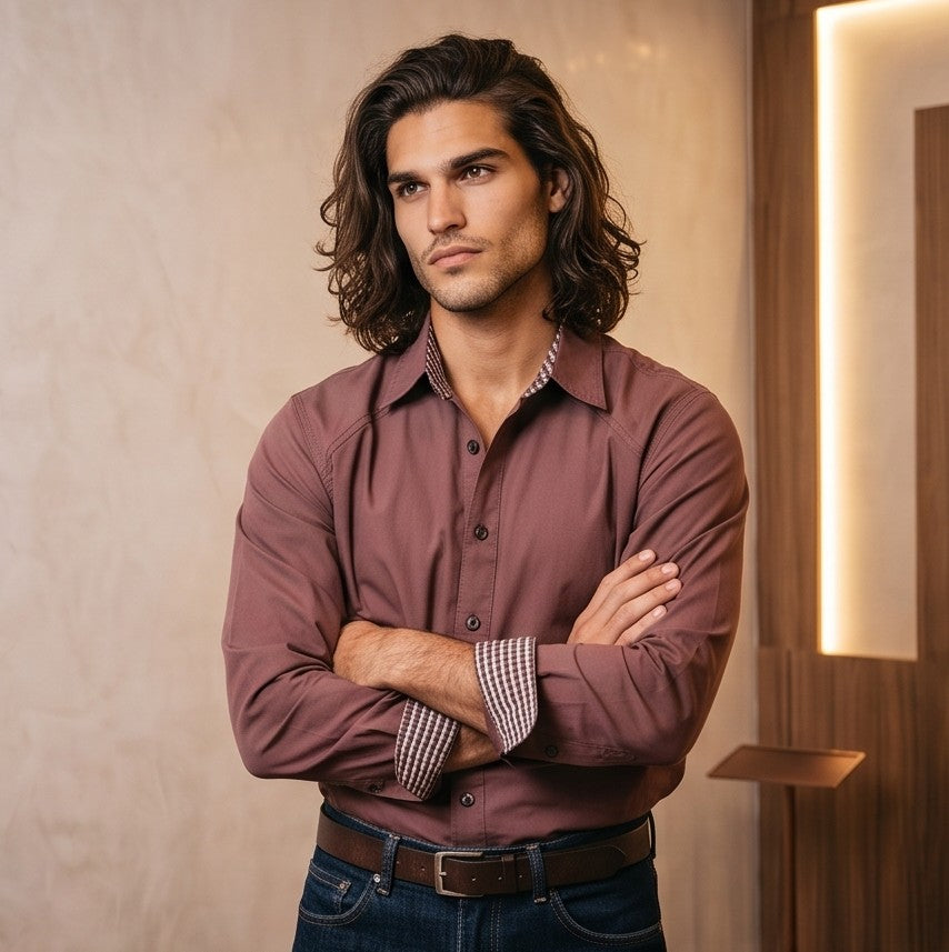 Camisa casual de hombre confeccionada en algodón liso, de corte holgado y manga larga, con cuello de solapa camisero abotonado al frente y detalle estampado en el borde interno de los puños y cuello, mostrada de frente y de espaldas en tonos café rojizo y gris oscuro azulado.
