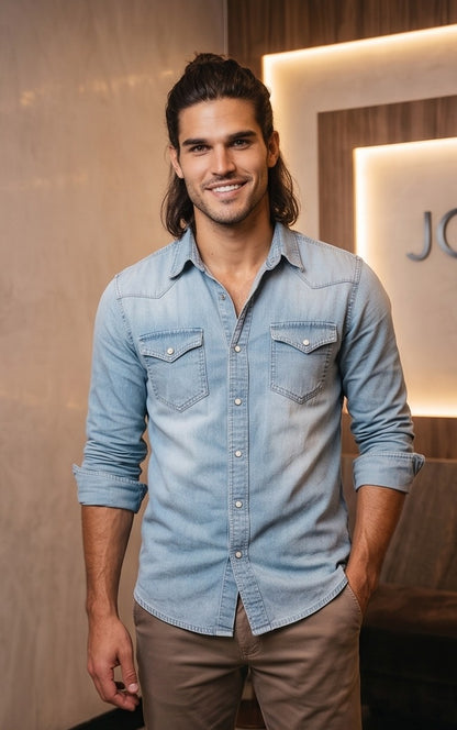 Camisa vaquera denim de estilo western para hombre de manga larga, corte entallado con canesú en hombros, cierre de corchetes a presión y doble bolsillo en el pecho, disponible en azul claro lavado, azul medio clásico y gris oscuro desgastado