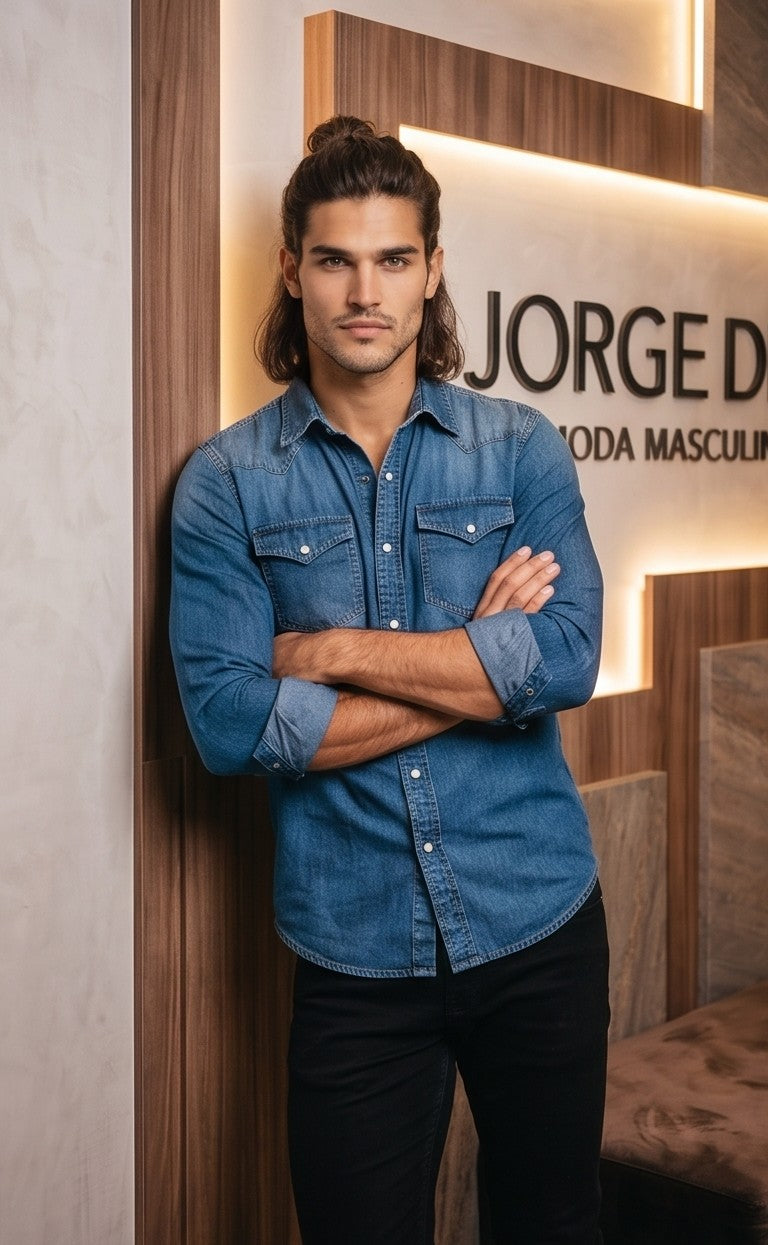 Camisa vaquera denim de estilo western para hombre de manga larga, corte entallado con canesú en hombros, cierre de corchetes a presión y doble bolsillo en el pecho, disponible en azul claro lavado, azul medio clásico y gris oscuro desgastado
