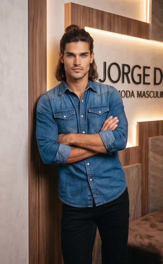 Camisa vaquera denim de estilo western para hombre de manga larga, corte entallado con canesú en hombros, cierre de corchetes a presión y doble bolsillo en el pecho, disponible en azul claro lavado, azul medio clásico y gris oscuro desgastado