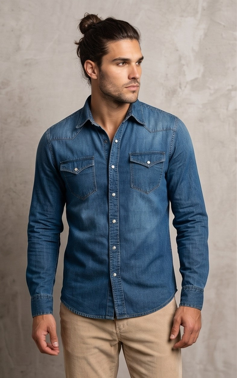 Camisa vaquera denim de estilo western para hombre de manga larga, corte entallado con canesú en hombros, cierre de corchetes a presión y doble bolsillo en el pecho, disponible en azul claro lavado, azul medio clásico y gris oscuro desgastado