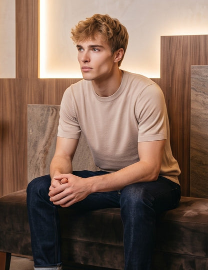 Camiseta de manga corta para hombre en tejido de punto fino ligero y texturizado, con cuello redondo clásico y detalles acanalados en el cuello y las mangas. Prenda versátil y atemporal disponible en una gama de 10 colores
