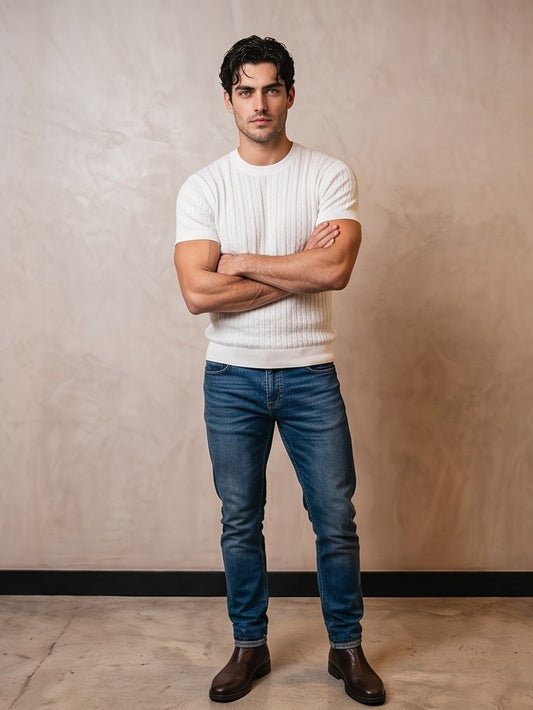 Hombre luciendo una camiseta de punto trenzado de manga corta y cuello redondo. Diseño de textura en relieve con ajuste entallado que resalta la figura masculina. Prenda de estilo smart-casual, disponible en colores neutros y versátiles (beige, blanco y negro), combinada con diferentes pantalones para un look moderno y elegante