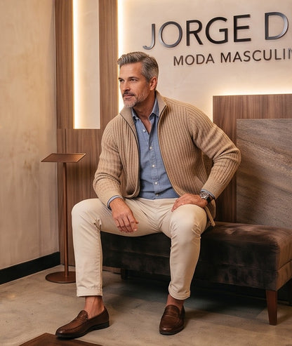 Cárdigan de punto grueso acanalado para hombre con cierre de cremallera metálica completa, cuello alto alzado y bolsillos laterales discretos, corte entallado y acabados elásticos en puños y bajo; disponible en tonos neutros: negro antracita, beige arena y gris perla