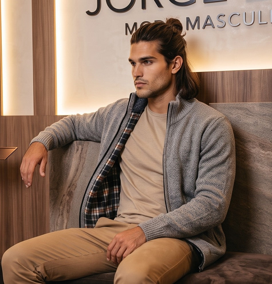 Cárdigan de punto grueso para hombre con cuello alto, cierre de cremallera metálica y forro interior de cuadros escoceses, disponible en negro, gris oscuro jaspeado, azul jaspeado y rojo burdeos jaspeado, exhibido en una tienda de moda masculina