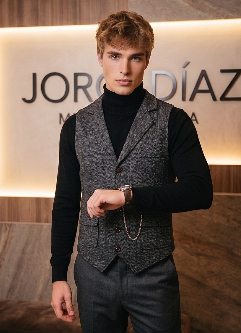 Chaleco de vestir para hombre con solapas de muesca, tejido de espiga en relieve tipo tweed, cierre frontal de botones clásicos, bolsillos laterales con tapeta y cadena decorativa de reloj de bolsillo; disponible en 5 colores: gris claro, marrón camel, granate burdeos, gris marengo y azul marino