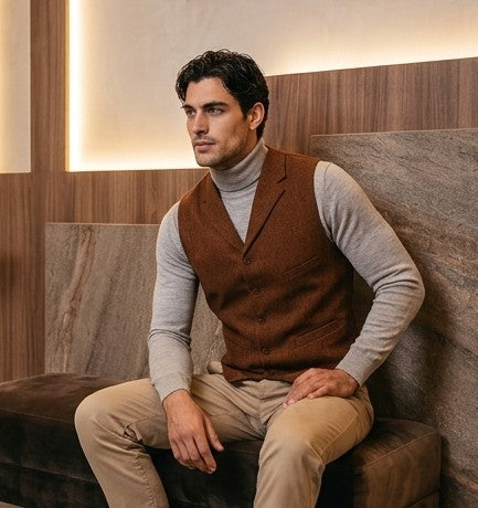 chaleco de vestir para hombre de corte clásico y entallado, disponible en una paleta de 8 colores distintos. La prenda está confeccionada en una mezcla de lana con un patrón de espiga texturizado. Presenta un cierre frontal de cinco botones, solapas de muesca, dos bolsillos laterales funcionales y un ajustador de espalda con hebilla para un ajuste perfecto