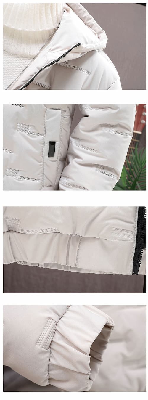 Chaqueta acolchada para hombre de corte holgado con capucha, cremallera frontal y textura geométrica termosellada, disponible en tonos beige crema, azul grisáceo y negro