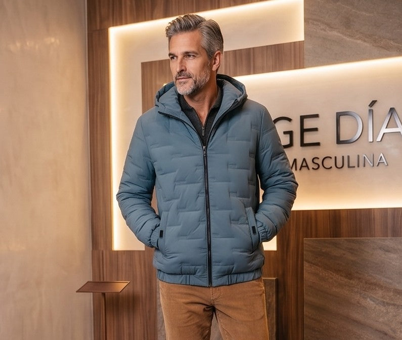 Chaqueta acolchada para hombre de corte holgado con capucha, cremallera frontal y textura geométrica termosellada, disponible en tonos beige crema, azul grisáceo y negro