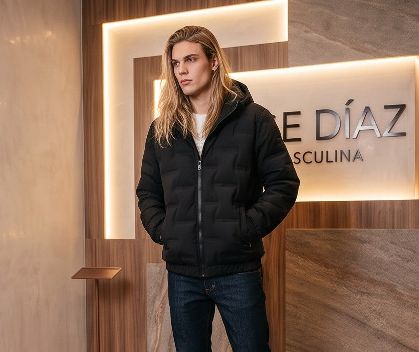 Chaqueta acolchada para hombre de corte holgado con capucha, cremallera frontal y textura geométrica termosellada, disponible en tonos beige crema, azul grisáceo y negro