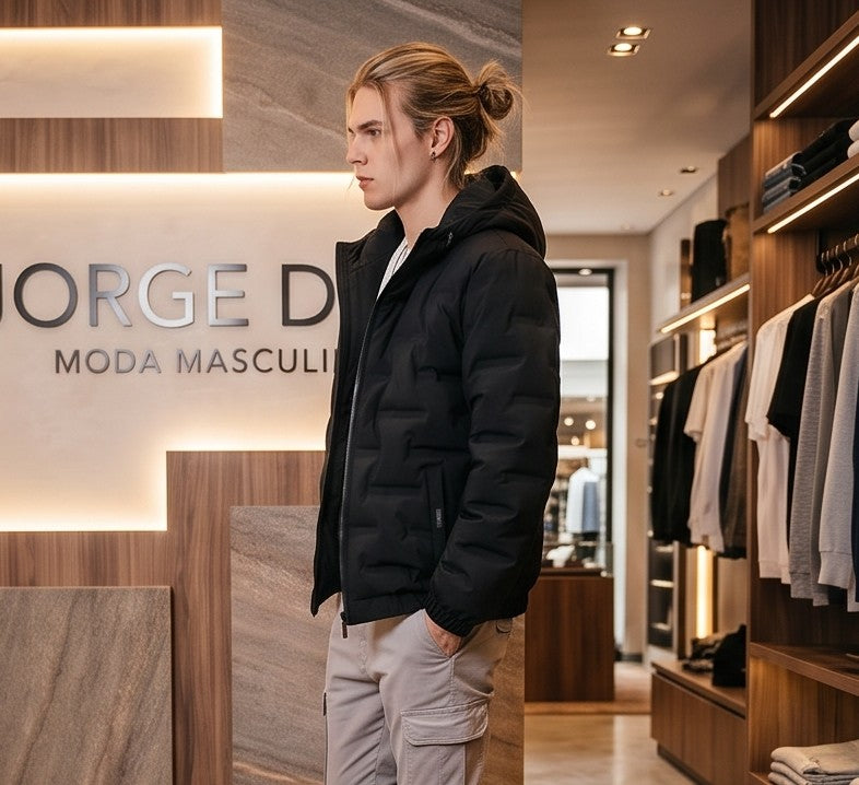 Chaqueta acolchada para hombre de corte holgado con capucha, cremallera frontal y textura geométrica termosellada, disponible en tonos beige crema, azul grisáceo y negro