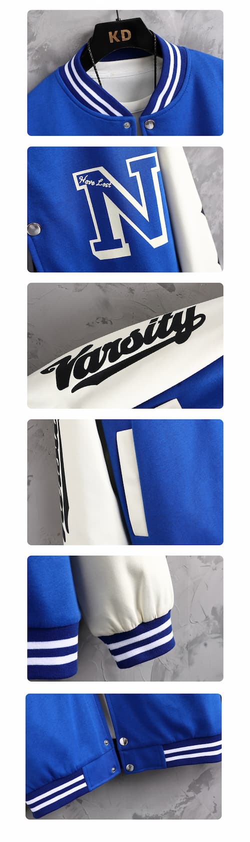 Chaqueta varsity de béisbol para hombre estilo universitario retro con mangas en contraste blanco, parche frontal de la letra N bordada y detalles de estrellas en las mangas, disponible en color negro, azul y verde