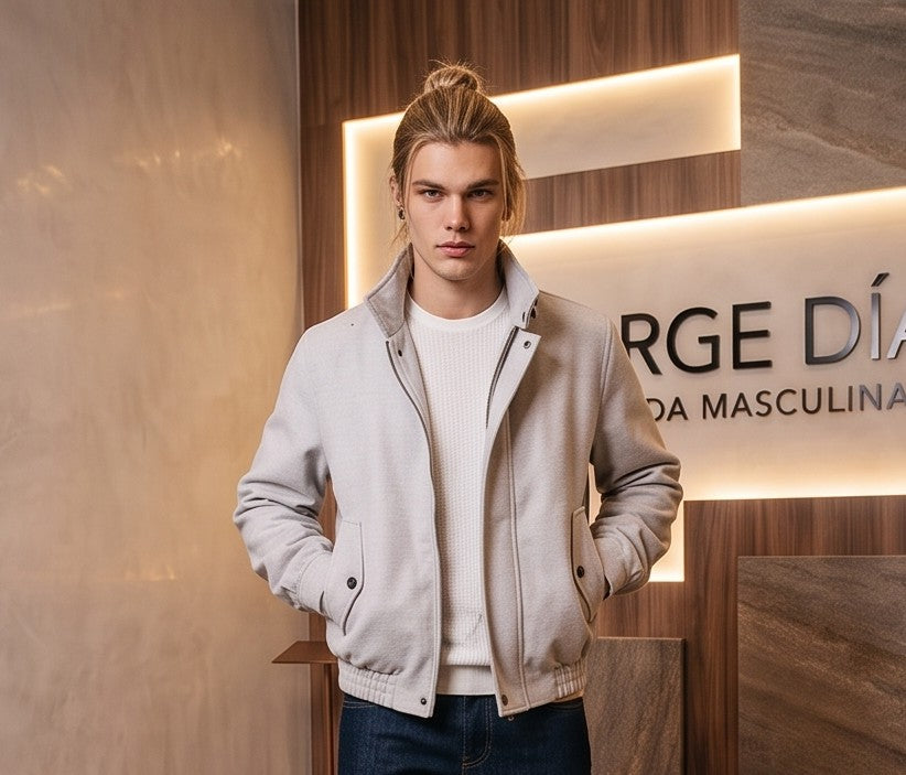 Chaqueta bomber de corte relajado para hombre en color liso, confeccionada en tejido de mezcla de algodón, con cierre frontal de cremallera oculta por solapa, cuello alto envolvente con tira de abotonado doble, bolsillos diagonales con solapa y acabados elásticos en cintura y puños