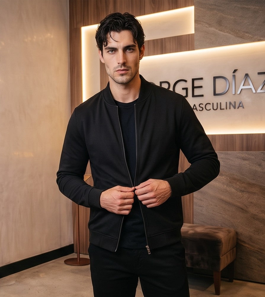 Chaqueta bomber ligera para hombre en color liso con cremallera frontal completa, cuello tipo béisbol subido en contraste negro y bolsillos laterales, disponible en gris, verde militar, negro, amarillo mostaza, rojo y azul marino.