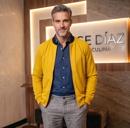 Chaqueta bomber ligera para hombre en color liso con cremallera frontal completa, cuello tipo béisbol subido en contraste negro y bolsillos laterales, disponible en gris, verde militar, negro, amarillo mostaza, rojo y azul marino.