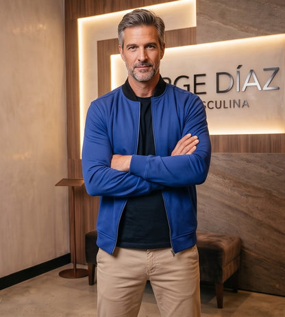 Chaqueta bomber ligera para hombre en color liso con cremallera frontal completa, cuello tipo béisbol subido en contraste negro y bolsillos laterales, disponible en gris, verde militar, negro, amarillo mostaza, rojo y azul marino.