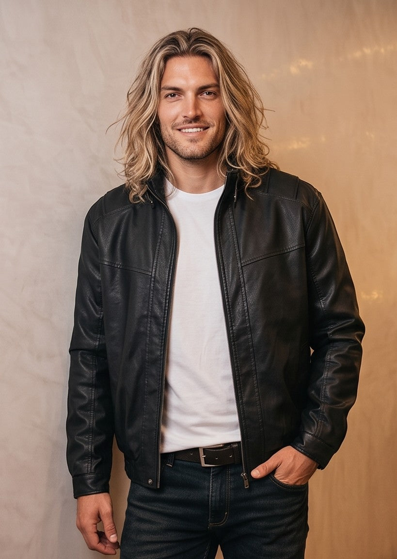 Chaqueta bomber para hombre en color negro y verde grisáceo con cuello alto, cierre de cremallera frontal, cintura elástica y corte holgado.