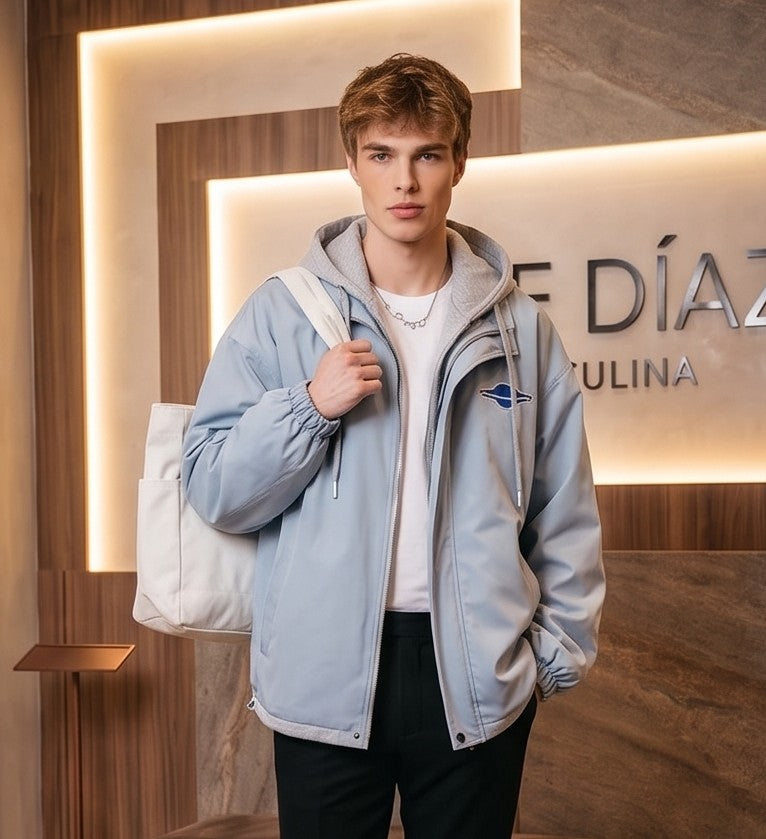 Chaqueta urbana estilo bomber oversize con capucha y forro interior a contraste efecto dos piezas con cierre de cremallera frontal, cuello camisero con solapa, puños elásticos y bajo recto. Disponible en combinaciones de color negro con azul, beige caqui con azul y celeste con gris.