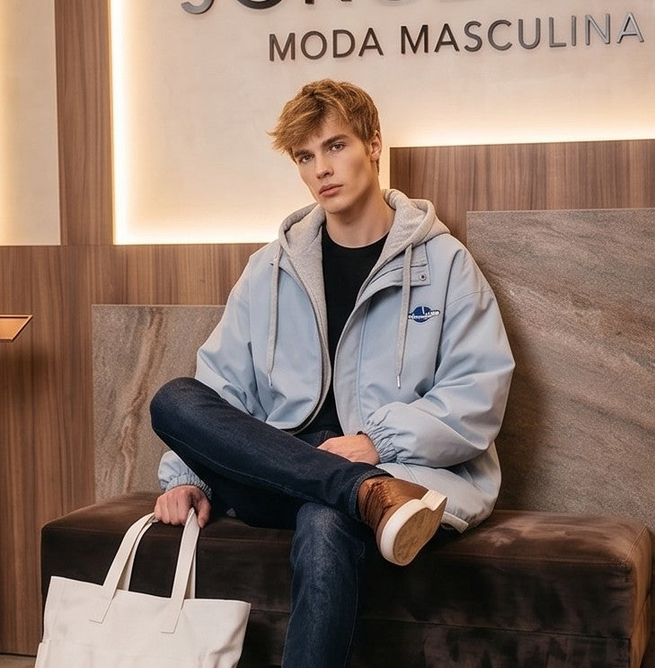 Chaqueta urbana estilo bomber oversize con capucha y forro interior a contraste efecto dos piezas con cierre de cremallera frontal, cuello camisero con solapa, puños elásticos y bajo recto. Disponible en combinaciones de color negro con azul, beige caqui con azul y celeste con gris.
