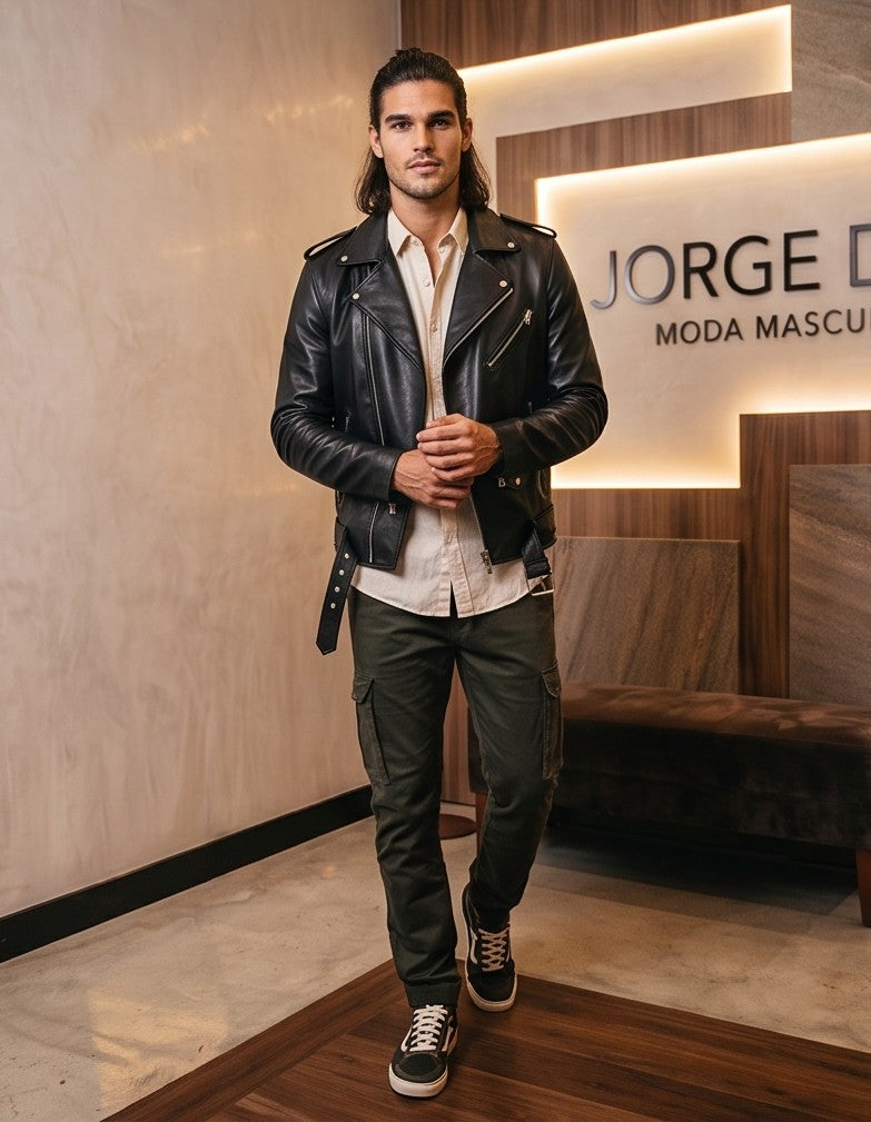 Chaqueta de cuero estilo biker para hombre con solapas cruzadas, cremalleras metálicas asimétricas, bolsillos frontales y cinturón ajustable con hebilla, disponible en color negro y rojo brillante.