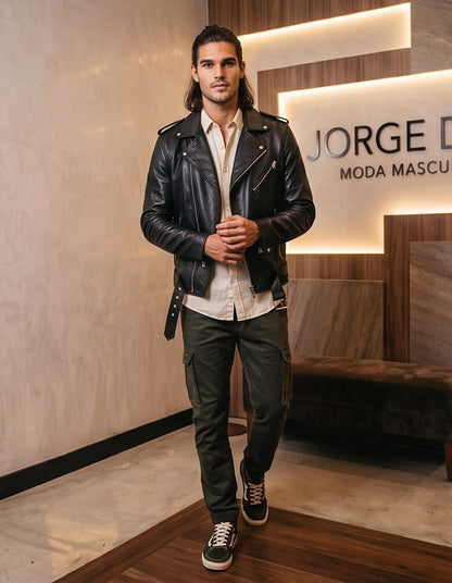 Chaqueta de cuero estilo biker para hombre con solapas cruzadas, cremalleras metálicas asimétricas, bolsillos frontales y cinturón ajustable con hebilla, disponible en color negro y rojo brillante.