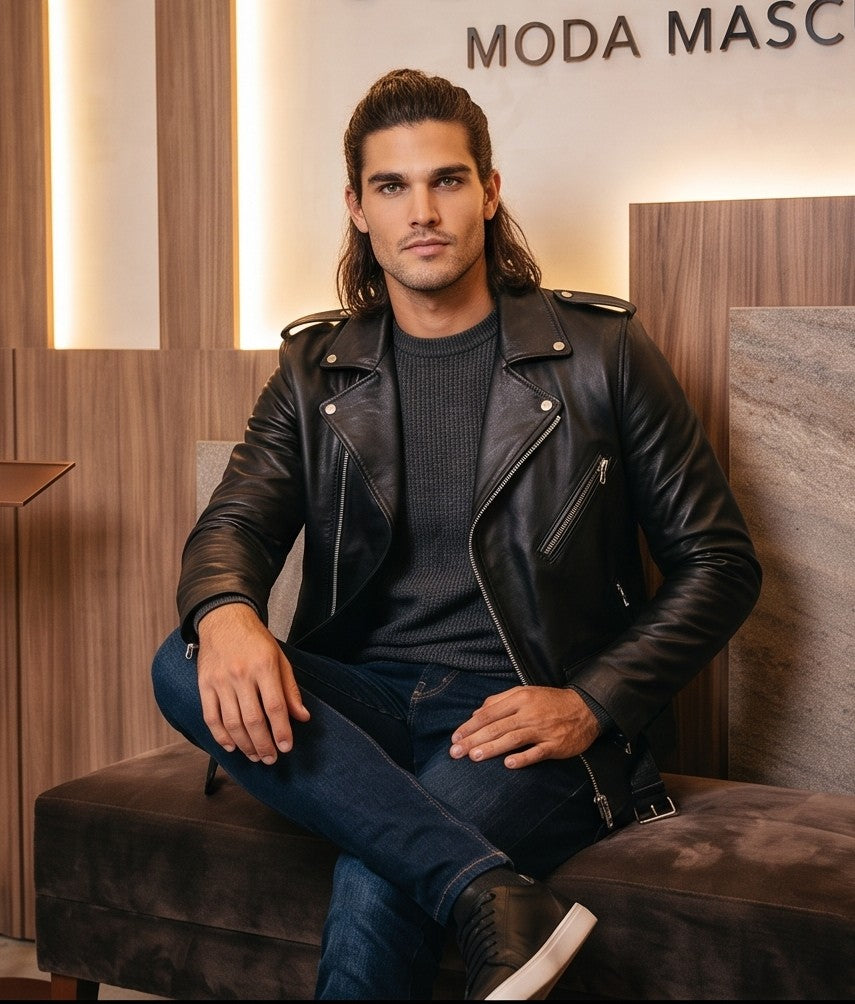 Chaqueta de cuero estilo biker para hombre con solapas cruzadas, cremalleras metálicas asimétricas, bolsillos frontales y cinturón ajustable con hebilla, disponible en color negro y rojo brillante.