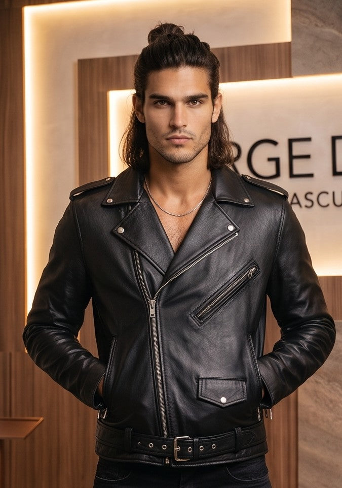 Chaqueta de cuero estilo biker para hombre con solapas cruzadas, cremalleras metálicas asimétricas, bolsillos frontales y cinturón ajustable con hebilla, disponible en color negro y rojo brillante.