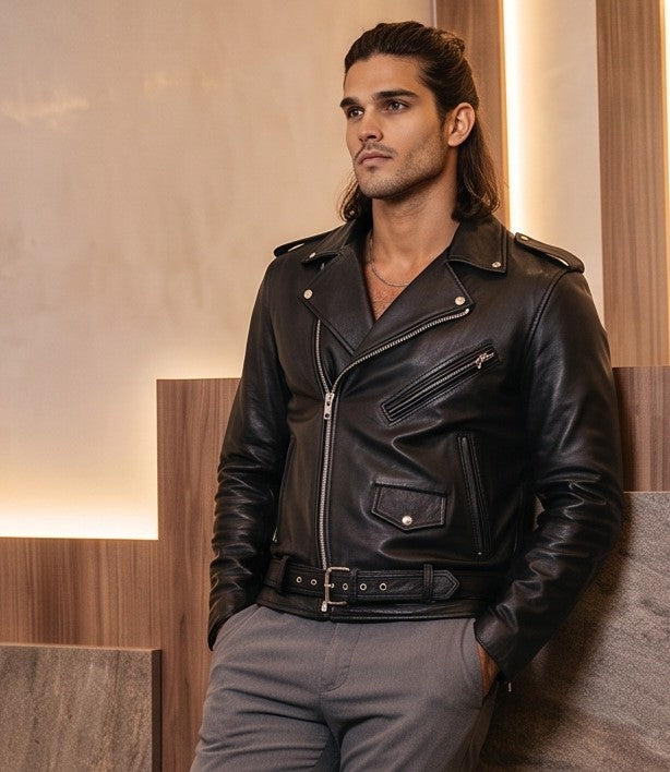 Chaqueta de cuero estilo biker para hombre con solapas cruzadas, cremalleras metálicas asimétricas, bolsillos frontales y cinturón ajustable con hebilla, disponible en color negro y rojo brillante.