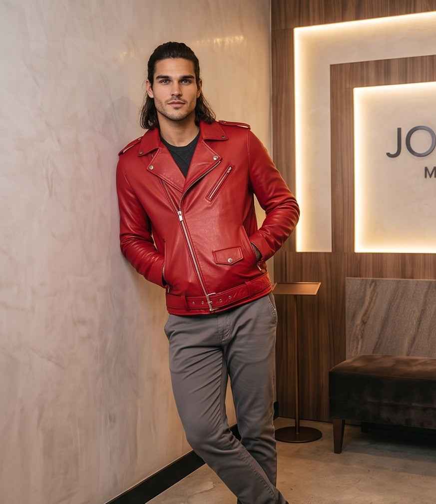 Chaqueta de cuero estilo biker para hombre con solapas cruzadas, cremalleras metálicas asimétricas, bolsillos frontales y cinturón ajustable con hebilla, disponible en color negro y rojo brillante.