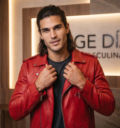 Chaqueta de cuero estilo biker para hombre con solapas cruzadas, cremalleras metálicas asimétricas, bolsillos frontales y cinturón ajustable con hebilla, disponible en color negro y rojo brillante.