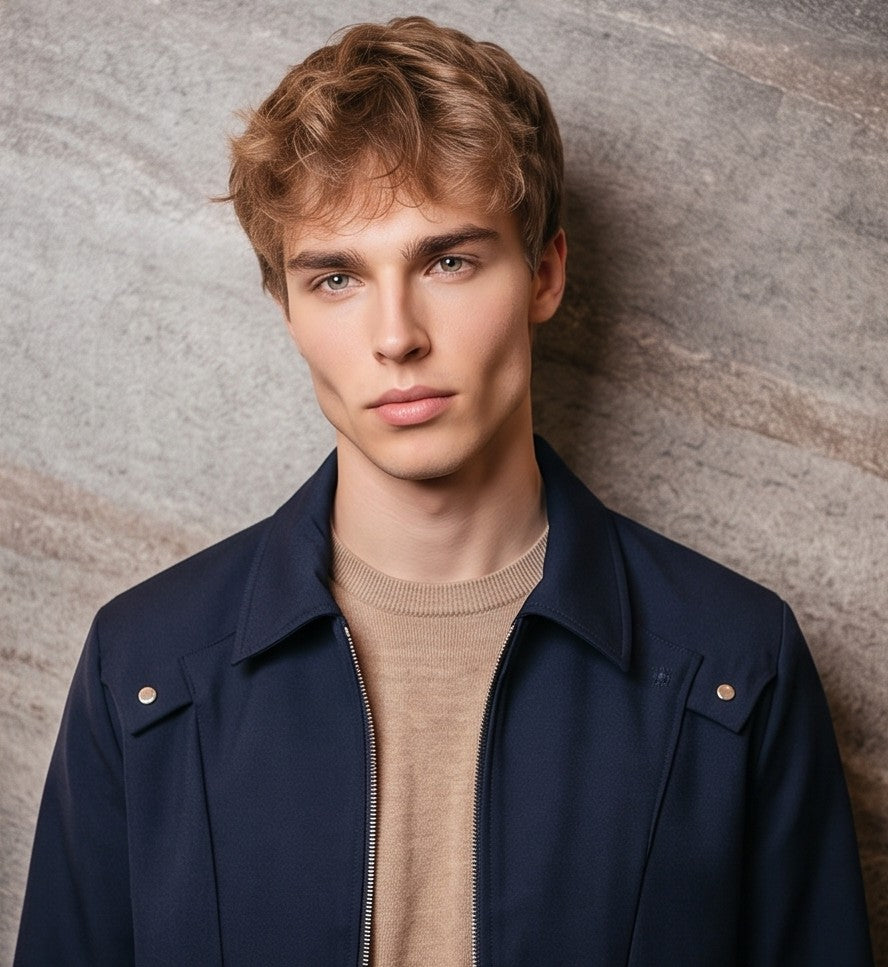 Chaqueta entallada slim fit para hombre disponible en color negro y azul marino, confeccionada en tejido liso estructurado con cuello camisero, cremallera metálica frontal central, puños con cierre a presión y detalles decorativos de solapa en los hombros sobre fondo de estudio minimalista