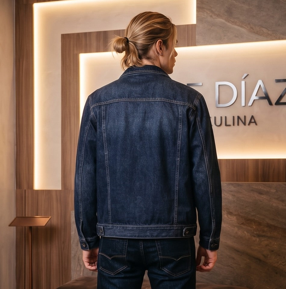Chaqueta denim vaquera para hombre de corte holgado en algodón puro, con cuello camisero clásico, cierre de botones metálicos frontales, bolsillos de solapa en el pecho y acabado lavado disponible en azul claro y azul oscuro