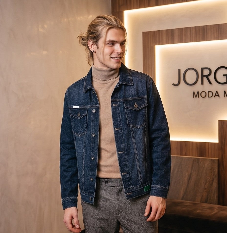 Chaqueta denim vaquera para hombre de corte holgado en algodón puro, con cuello camisero clásico, cierre de botones metálicos frontales, bolsillos de solapa en el pecho y acabado lavado disponible en azul claro y azul oscuro