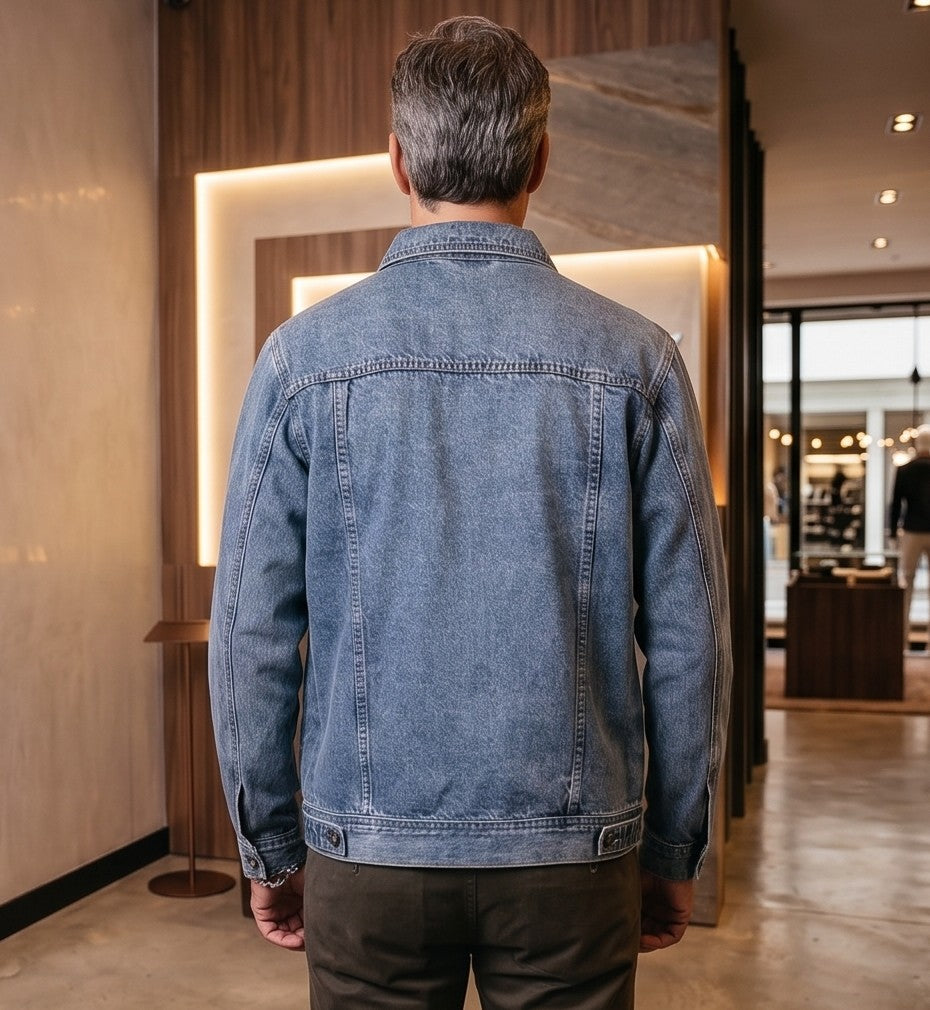 Chaqueta denim vaquera para hombre de corte holgado en algodón puro, con cuello camisero clásico, cierre de botones metálicos frontales, bolsillos de solapa en el pecho y acabado lavado disponible en azul claro y azul oscuro